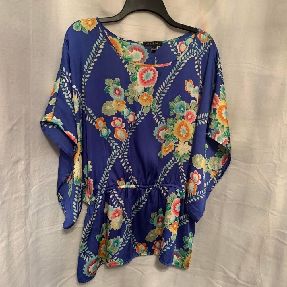 EUC Notations Blue Floral Blouse Size Large